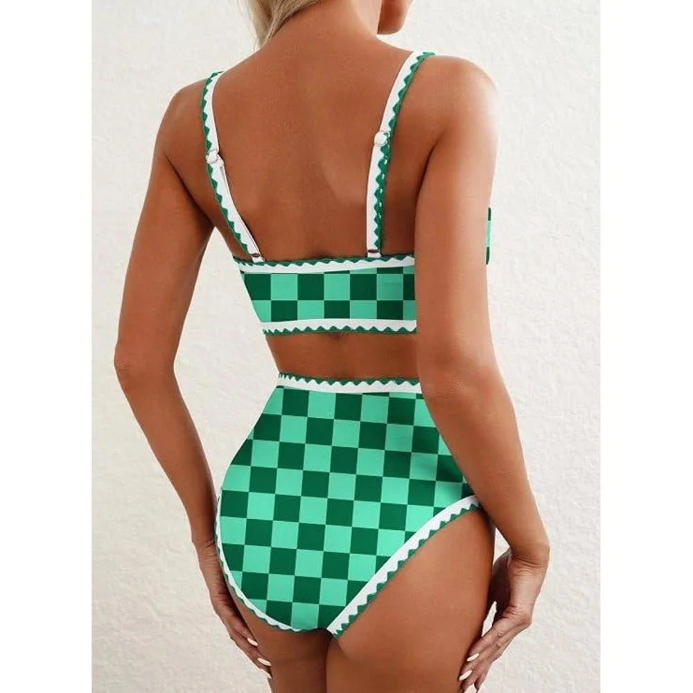 Women Green Checkered Ric Rac High Waisted Bikini Set Size L NWOT